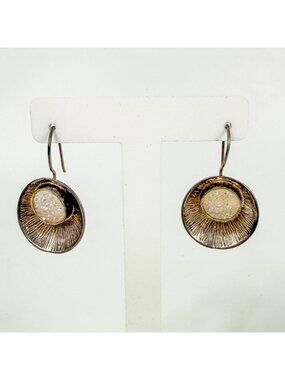 Sterling Silver Aura Quartz Circular Round Dangle Drop Textured Earrings